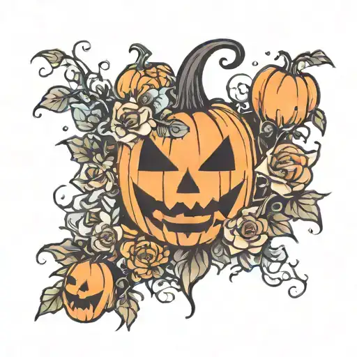 lit jack o lantern with flowers surrounding tattoo design idea