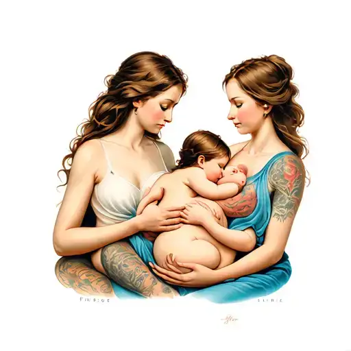 Woman breastfeeding two children in the breast love love strength tattoo design idea