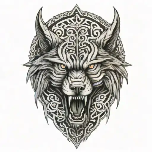 angry fenrir with runes wrapping, nordic skoll and hati tattoo design idea