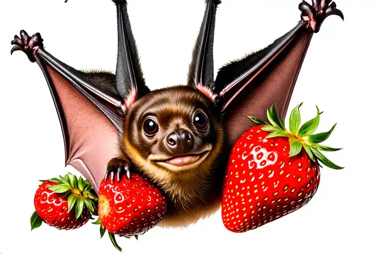 fruit bat hanging upside down by its feet holding a strawberry tattoo design idea