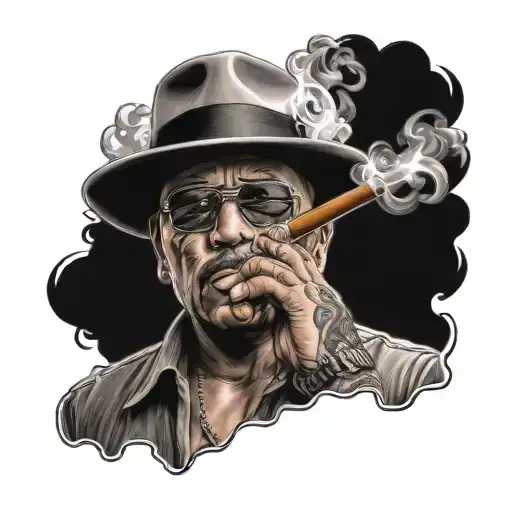 Chicano gangster smoking a cigar with gun smoke in the back ground  tattoo design idea