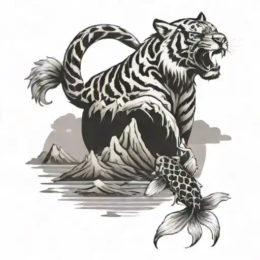 tiger and koi mountain range silhouette tattoo design idea