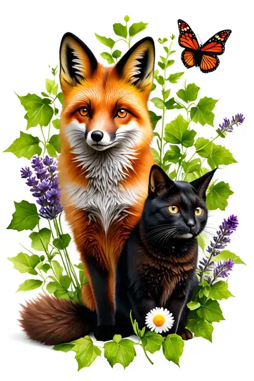 english ivy, red fox, black cat, lavender, chamomile, leaves, rabbit, monarch butterflies, muted orange/green tattoo design idea