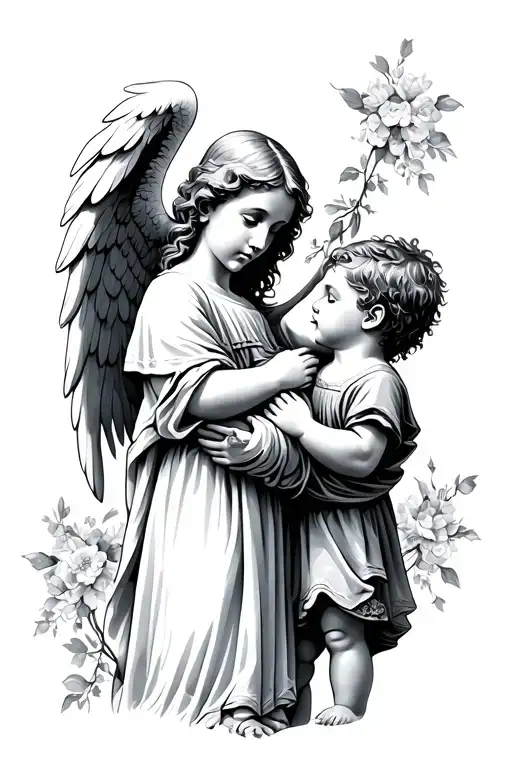 angel protecting kid tattoo design idea