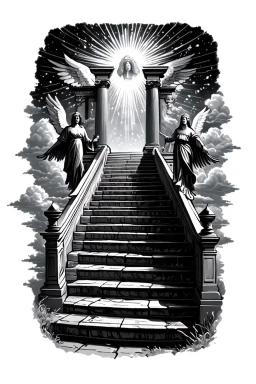 stairway to heaven walking up stairs angels sun rays clouds heaven gate at the top of the stairs  tattoo design idea