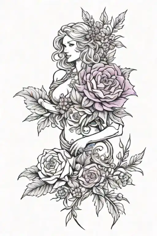 purple heather, English rose, thistle, blue cornflower, daisy, shield maiden tattoo design idea