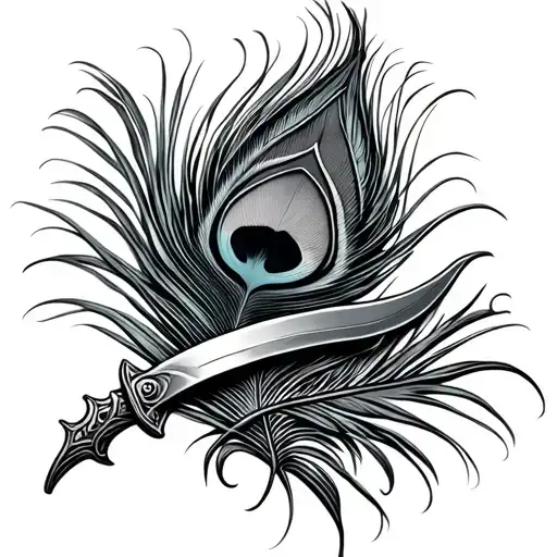 Peacock feather and curved dagger wrapped tightly tattoo design idea