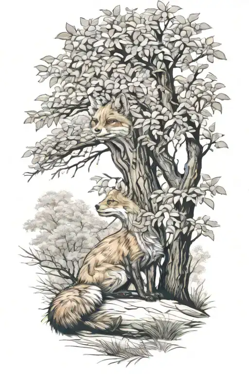 fox under a tree tattoo design idea
