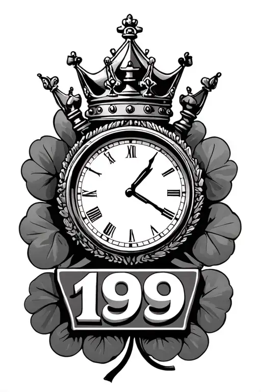 time chess king crown and 4 leaf clover surrounding 1999 on the bottom tattoo design idea