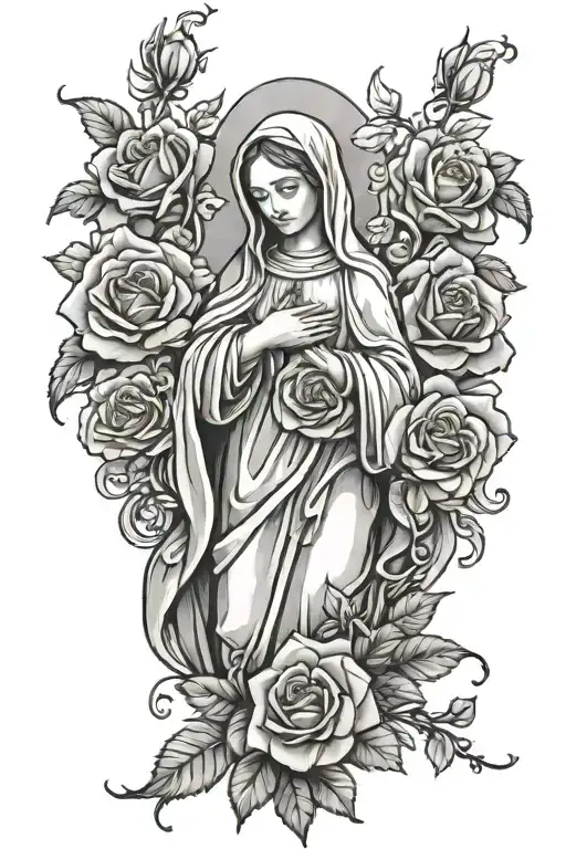 Roses and Virgin Mary praying tattoo design idea