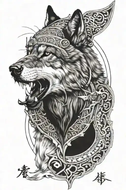 growling agressive wolf surrounded with yurt and gokturk inscriptions pilar tattoo design idea