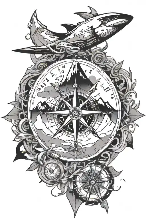compass rose, surrounded mount everest on north and a bike cassette tattoo design idea