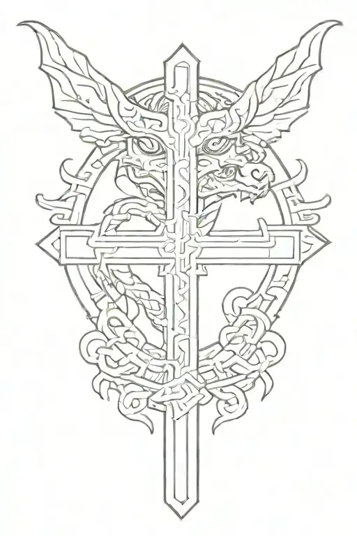 small cross with aztec dragon wrapped tattoo design idea