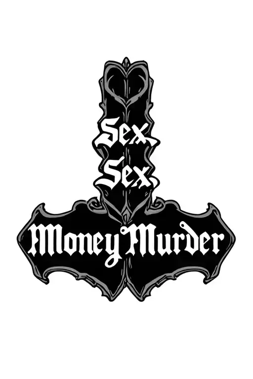 "Sex Money Murder" "Sex Money Murder" old english style wrighting curved shape bending down single line tattoo design idea