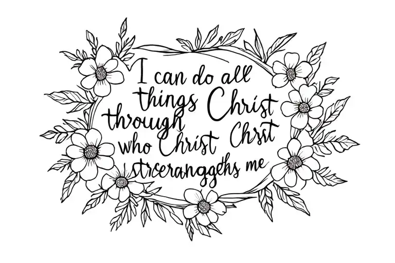 flowers intertwined into saying "I can do all things through Christ who strengthens me" tattoo design idea