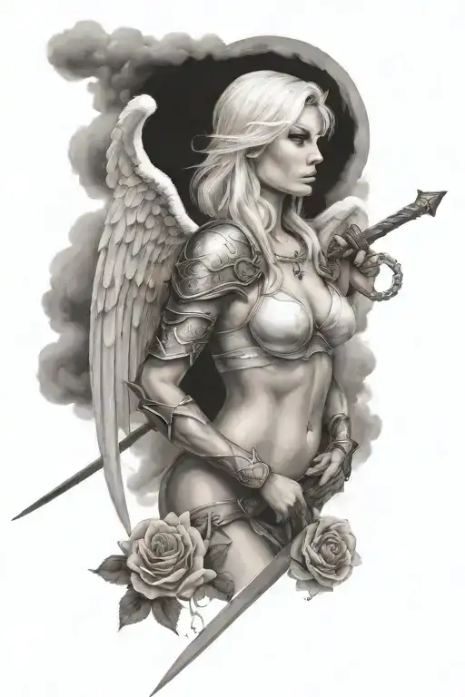 a sexy blond female angel as a warrior with some clouds, a rose and a Cross for a halfsleeve tattoo tattoo design idea