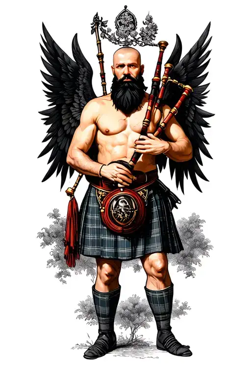 shirtless muscular bagpiper bald black beard playing bagpipes hoge black wings tattoo design idea