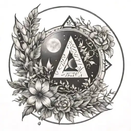 Moon, UK foliage with a couple of flowers whimsical, valknut, helm of awe, fjords Feminine sleeve  tattoo design idea