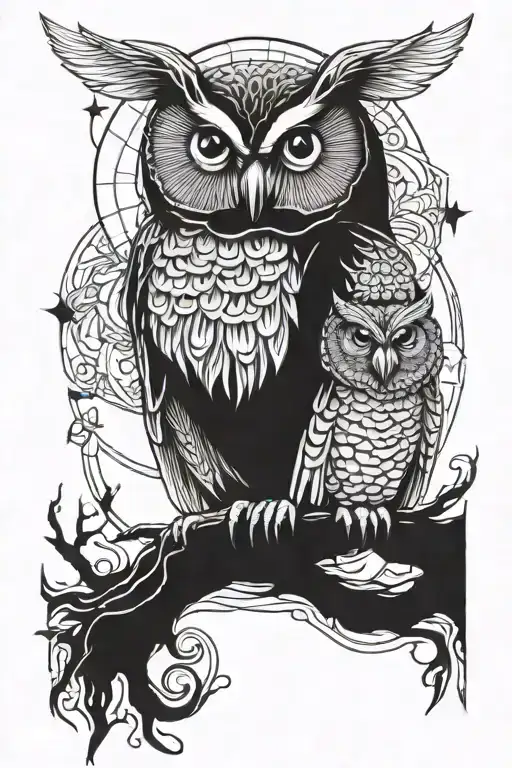 kundalini and owl perched on top tattoo design idea