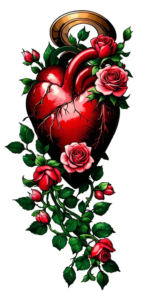 vines and rosebuds around a heart with a crooked halo tattoo design idea