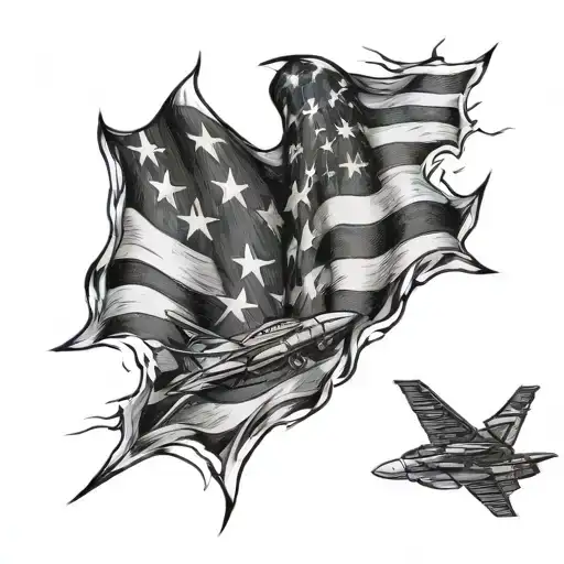 flag ripped skin and f18 Jet tattoo design idea