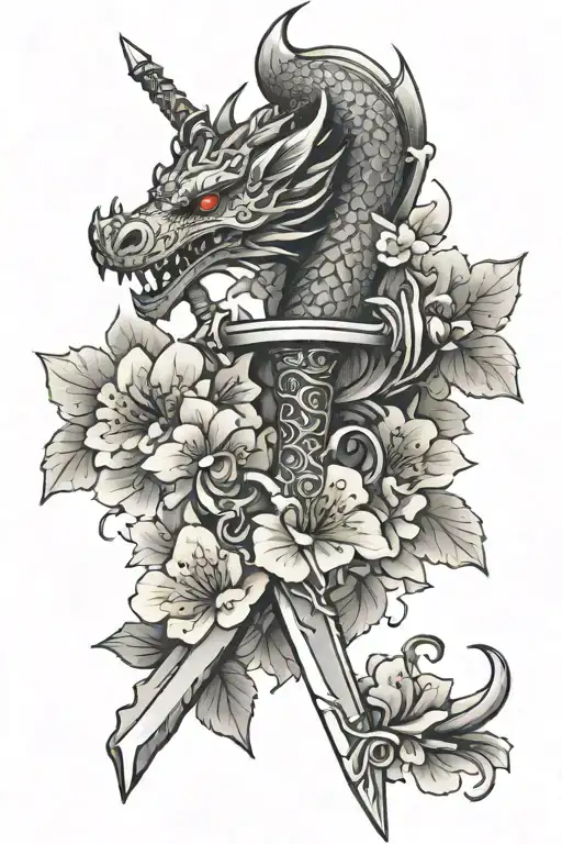 sword with dainty dragon and cherry blossoms wrapped around it. dainty and feminine tattoo design idea