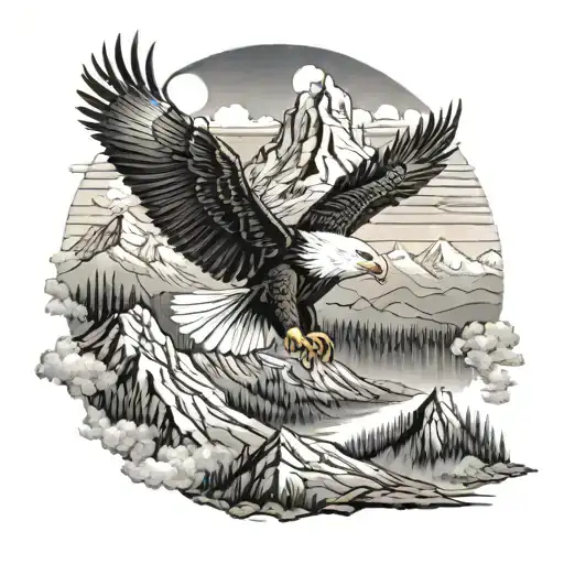 A majestic bald eagle soaring over a mountain landscape at sunrise tattoo design idea
