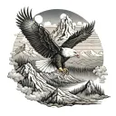 A majestic bald eagle soaring over a mountain landscape at sunrise tattoo design idea
