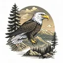 A majestic bald eagle soaring over a mountain landscape at sunrise tattoo design idea