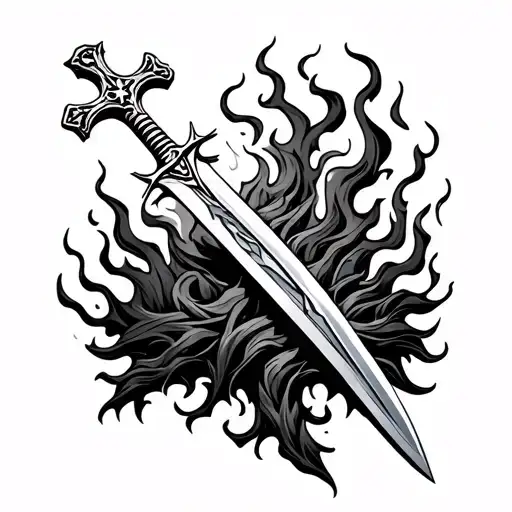 orthodox cross sword stuck in a flaming bush tattoo design idea