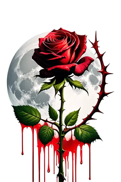 long stem rose with thorns dripping blood with a full moon in the background  tattoo design idea
