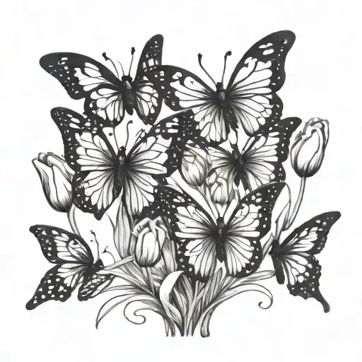 tulips with butterflies forming the shape tattoo design idea