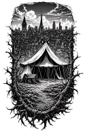 a small city far in the background, a tent being consumed by thorny vines with a scattered fire tattoo design idea