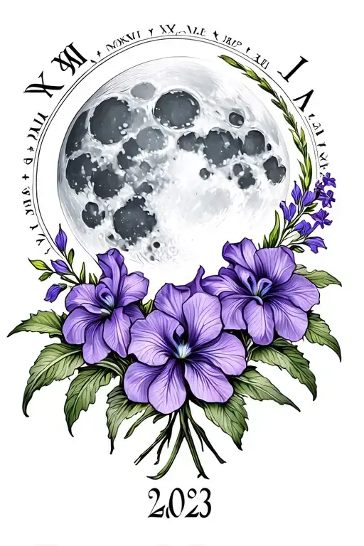 waxing gibbous moon with iris and violet flowers and the year 2023 in Roman numerals tattoo design idea