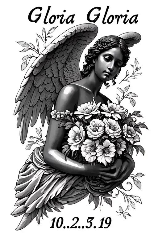 "Gloria 10.2.50 - 3.7.19" african anerican weeping angel holding flowers tattoo design idea
