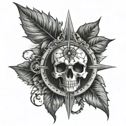 compass with sunflower and pot leaf skull center symbolizing all those who wonder are not lost tattoo design idea