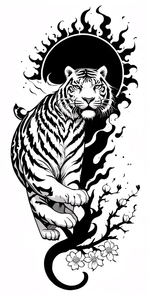 tiger with a sun on the shoulder and smoke and fire around the tiger and a sakura branch going down down the arm  tattoo design idea