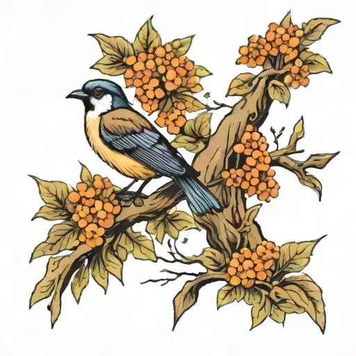 Okay... Create a tattoo of a small tree on a neck at the side of shoulder... The tree has 2 birds flying form the tree a tattoo design idea