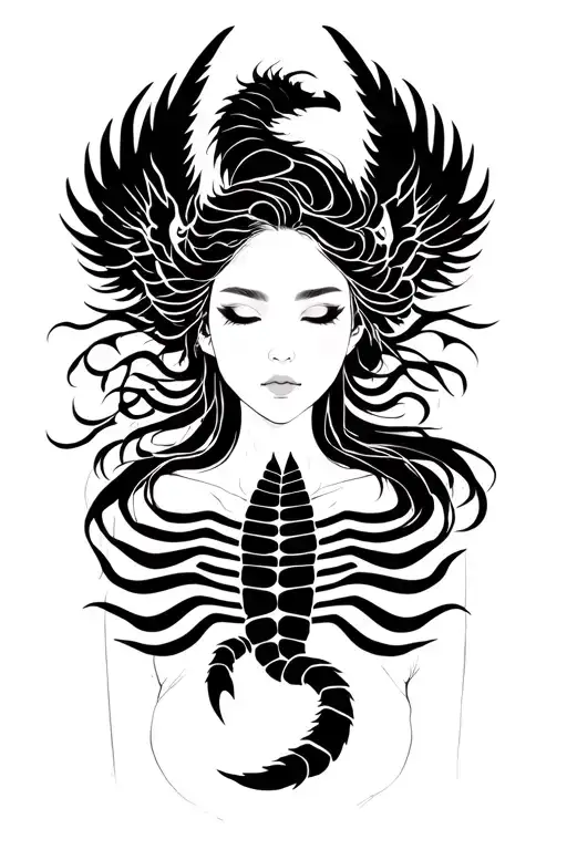 sillouette of a woman's face, serene and powerful. A scorpion showing her chest, reincarnate phoenix and dragon japanese tattoo design idea
