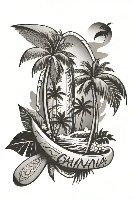 ohana with a surfboard beneath and a palm tree next to it tattoo design idea