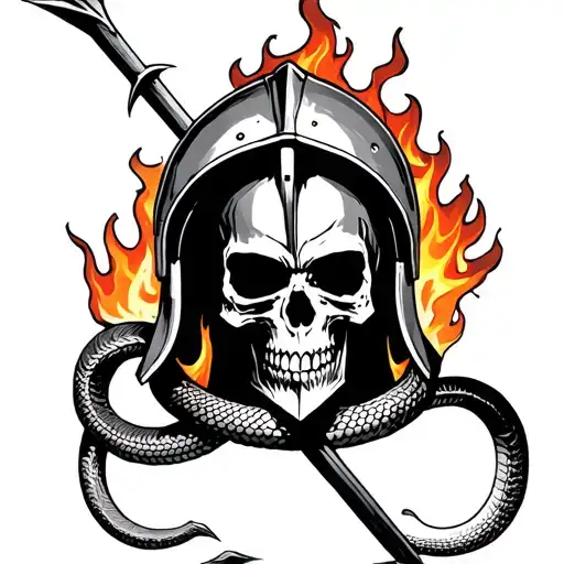 CENTER FACING skull on fire wearing spartan helmet with an arrow going top to bottom, with two snakes Wrapped around it tattoo design idea