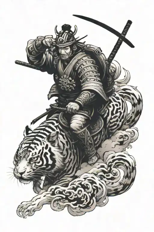 dark black and white design of a samurai with a helmet and sword on tiger riding it, facing forward  tattoo design idea