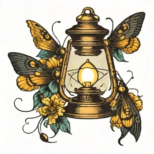 a lamp with fireflies around it  tattoo design idea