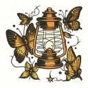 a lamp with fireflies around it  tattoo design idea