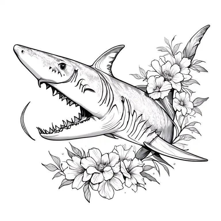 floral shark fine line tattoo design idea