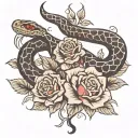 snake, black and red ink, spine tattoo, roses, July birth flower  tattoo design idea