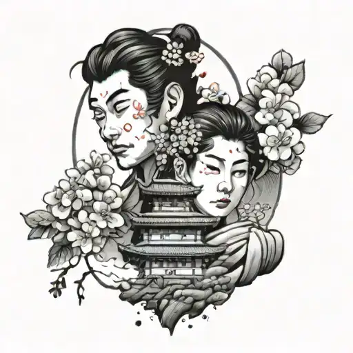 three Japanese faces one on top of the other with sakura tree tattoo design idea