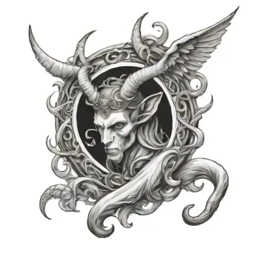 Create a tattoo that has the halo of an angel and the horns and tail of a devil that are fused together, drawn in lines  tattoo design idea