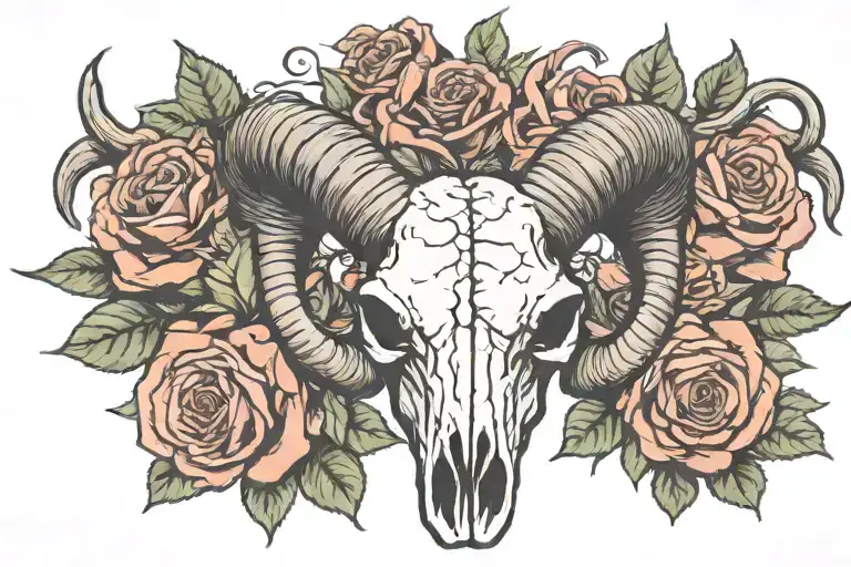 big horn ram skull with large cracked and damaged horns, crown of dying red roses on its head tattoo design idea