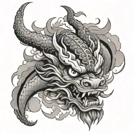 Chinese dragon, Japanese demon mask, clouds with fire and lightning tattoo design idea